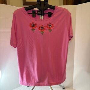 Bob Mackie Wearable Art Shirt-Women Pink Embroidered Pink Flowers Medium